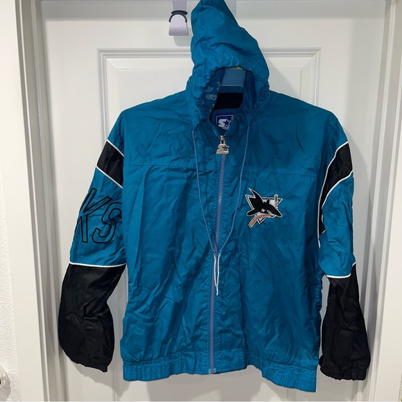 VINTAGE SAN JOSE SHARKS WINDBREAKER MENS MEDIUM BLUE STARTER NHL JACKET FULL ZIP - Picture 1 of 8